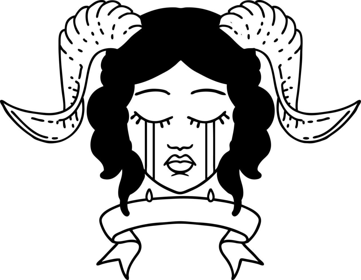 Black and White Tattoo linework Style crying tiefling character face with scroll banner vector