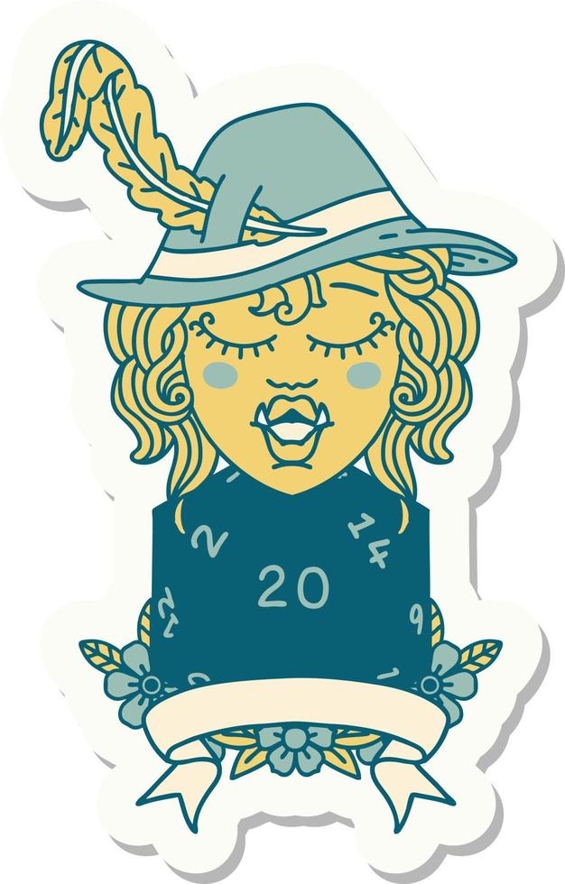 sticker of a half orc bard with natural 20 dice roll vector