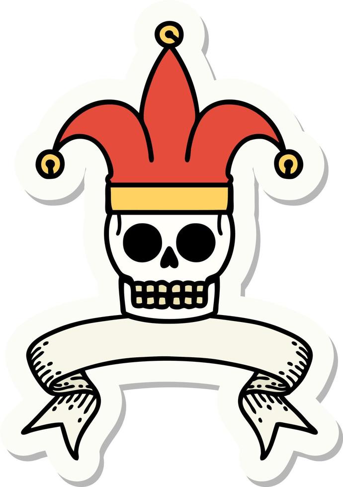 tattoo style sticker with banner of a skull jester vector