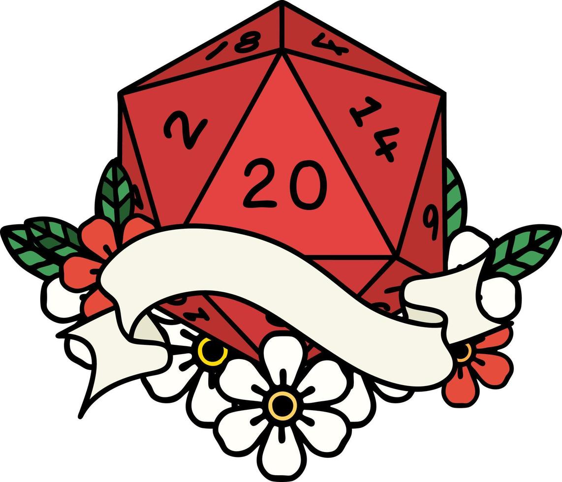 Retro Tattoo Style natural twenty D20 dice roll vector