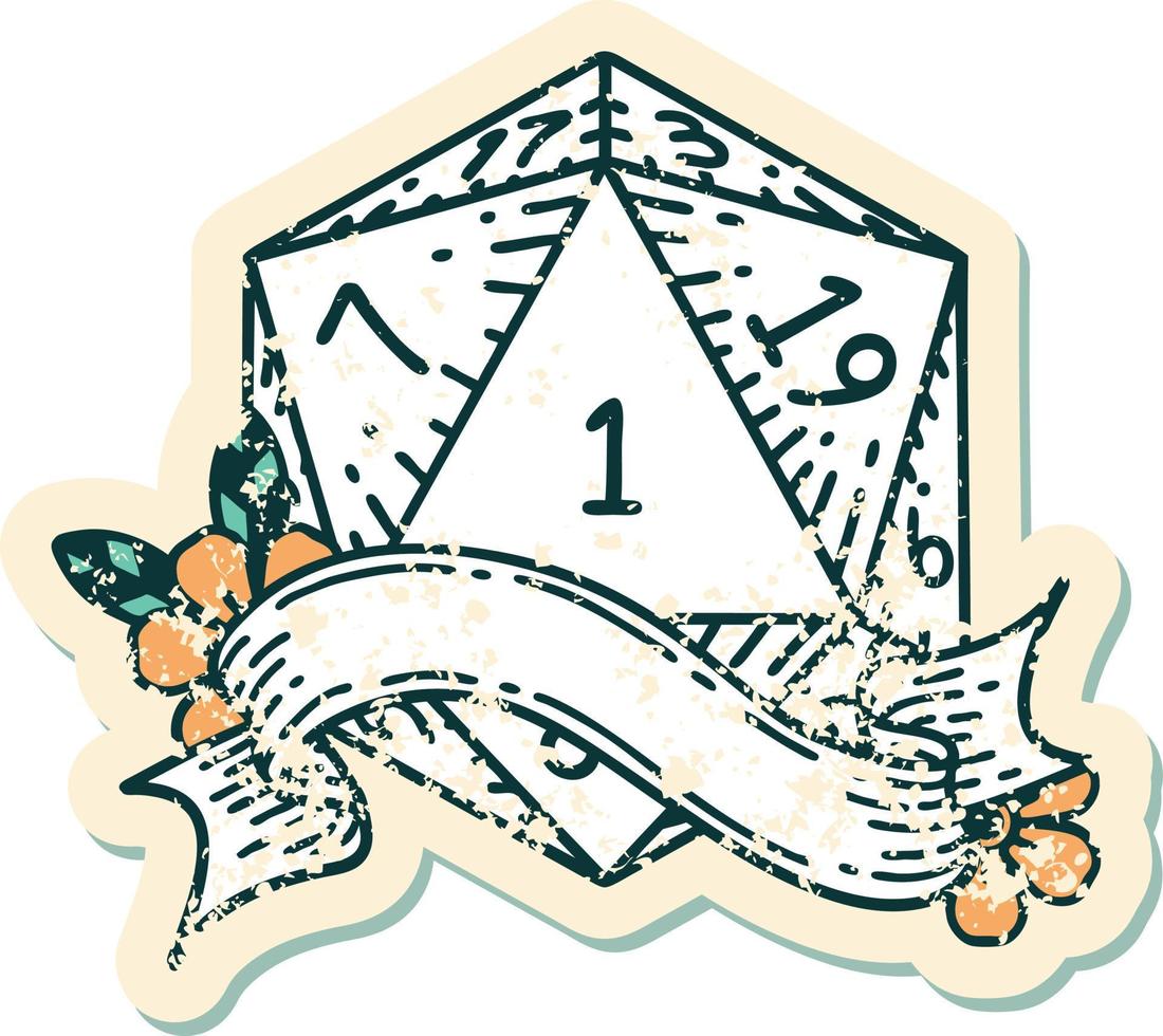 Retro Tattoo Style natural one d20 dice roll vector