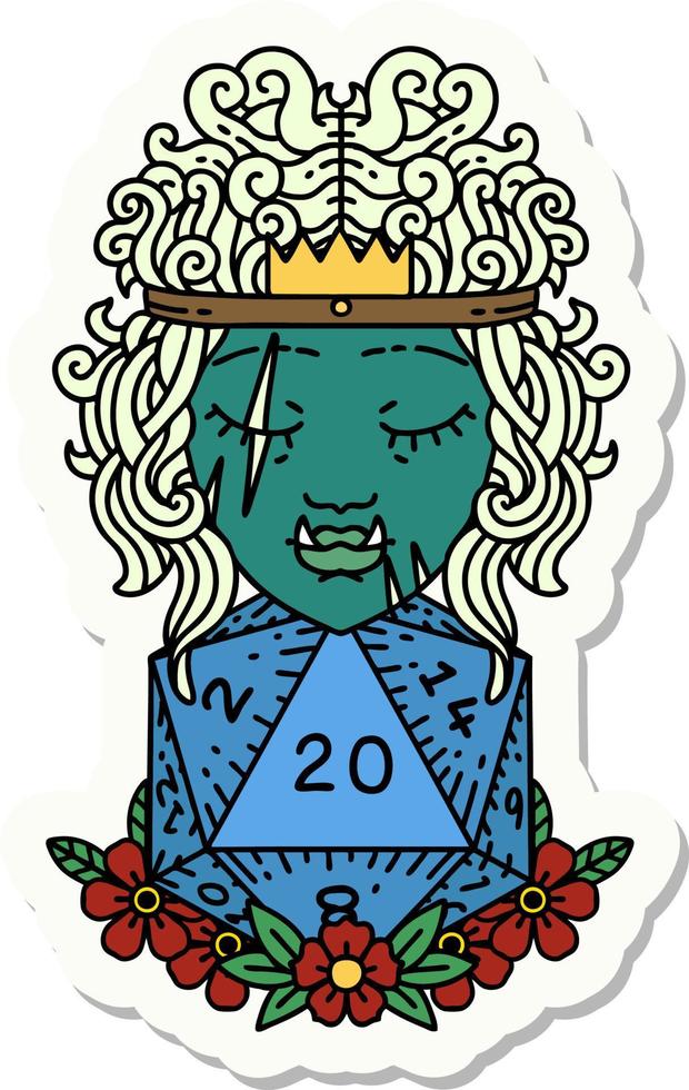 sticker of a half orc barbarian with natural twenty dice roll vector