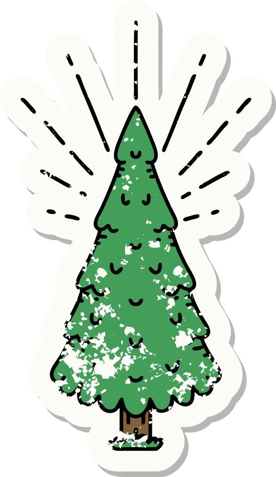 worn old sticker of a tattoo style pine tree vector