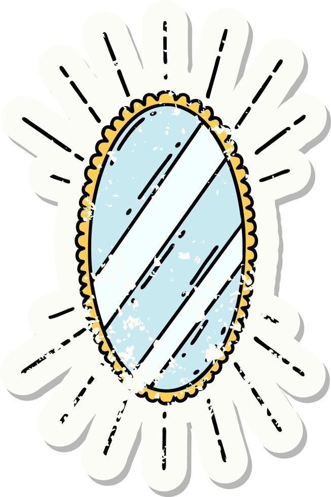 worn old sticker of a tattoo style shining mirror vector
