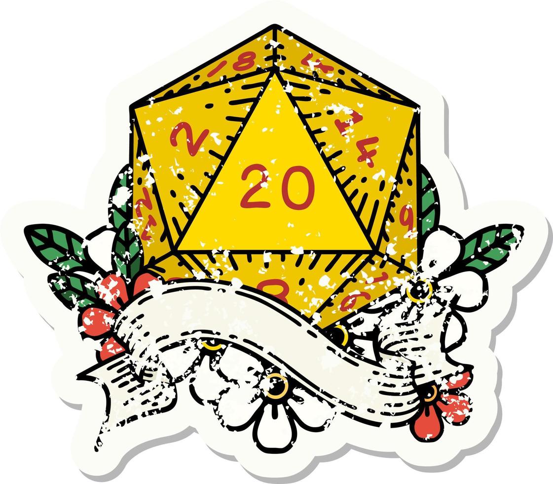 grunge sticker of a natural twenty D20 dice roll vector