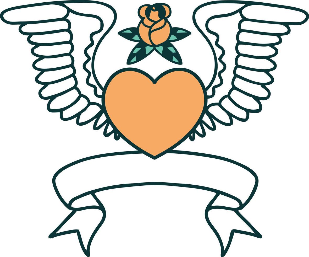 tatuaje tradicional con pancarta de un corazón con alas vector