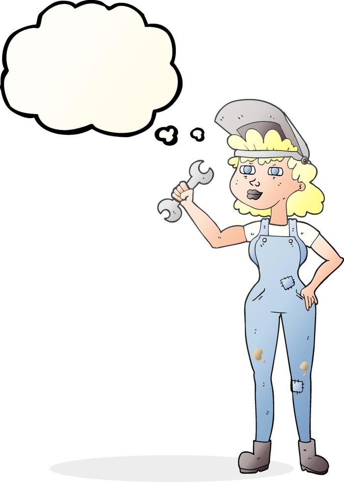 freehand drawn thought bubble cartoon woman with spanner vector