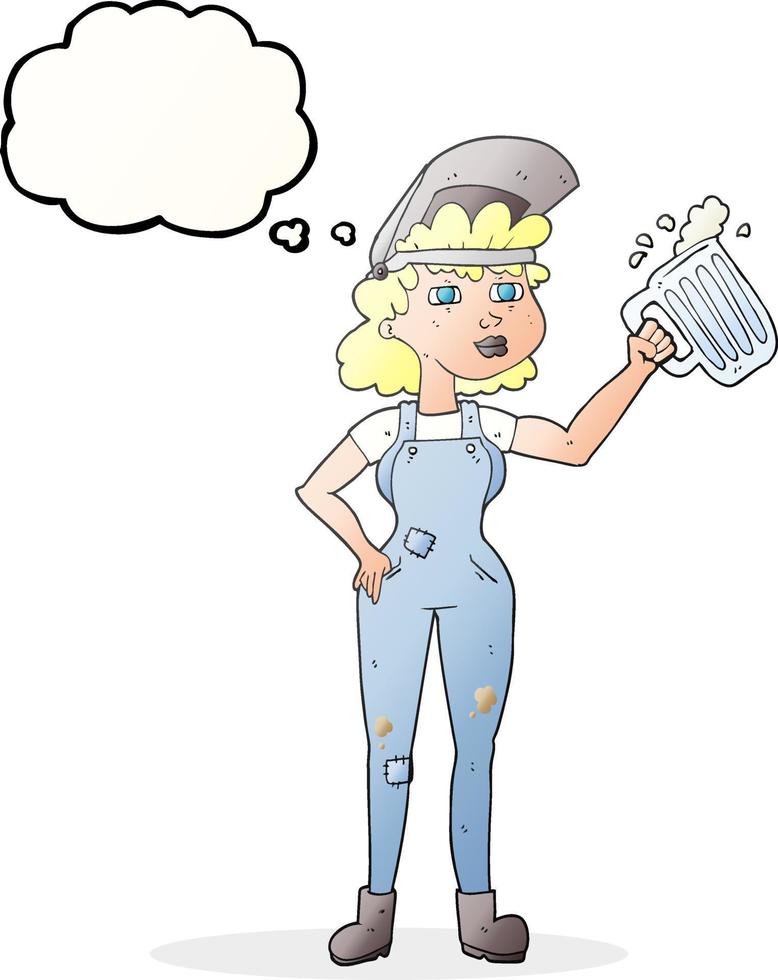 freehand drawn thought bubble cartoon hard working woman with beer vector
