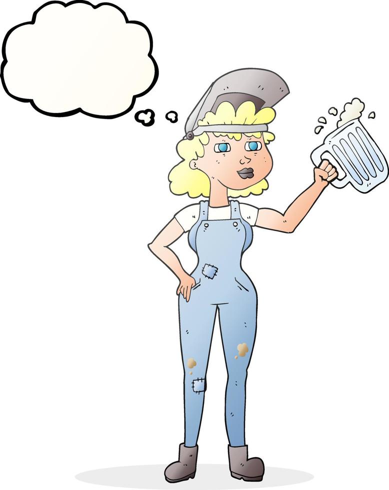 Pensamiento dibujado a mano alzada bubble cartoon mujer trabajadora con cerveza vector