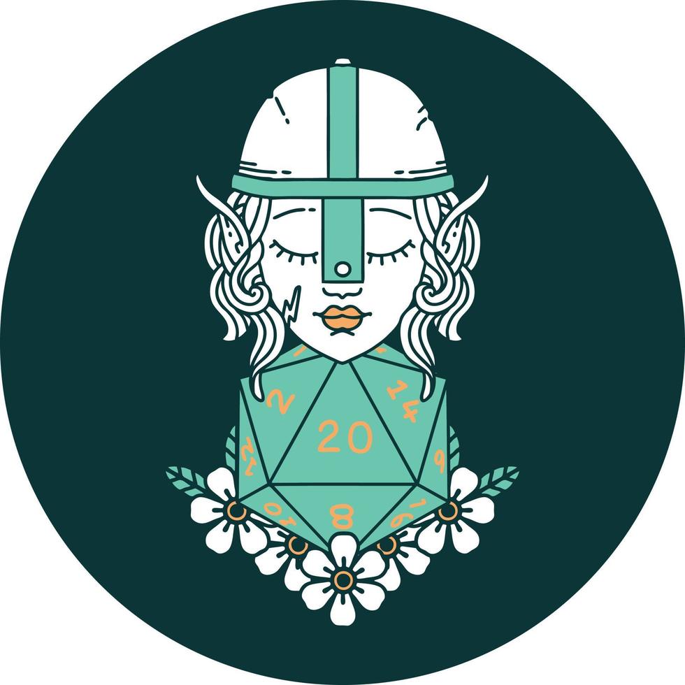 icon of elf fighter with natural twenty dice roll vector