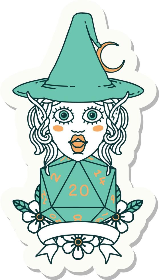 sticker of a elf mage character with natural twenty dice roll vector