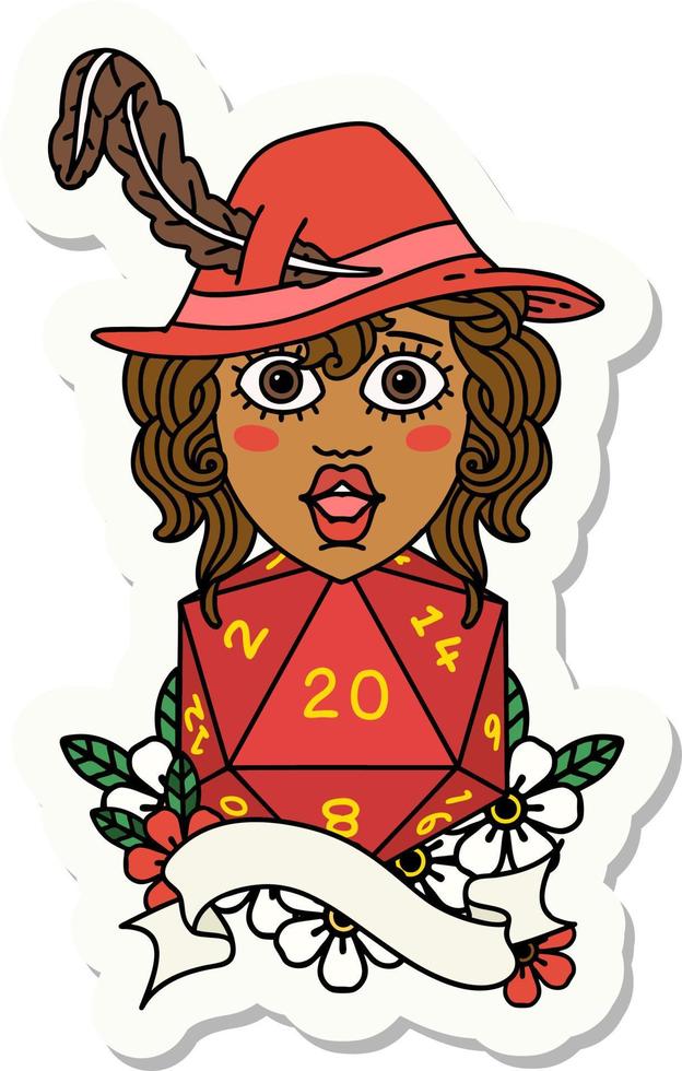 sticker of a human bard with natural twenty dice roll vector