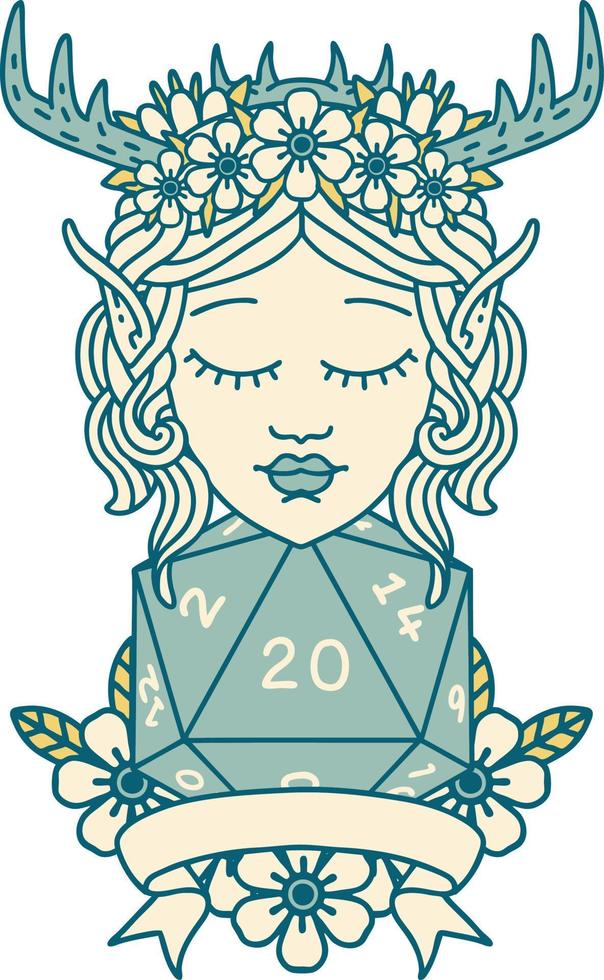 personaje de druida elfo estilo tatuaje retro con tirada natural de 20 dados vector