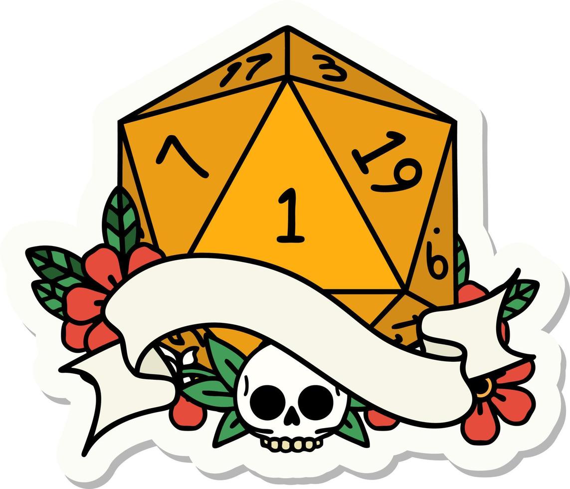 sticker of a natural one d20 dice roll vector