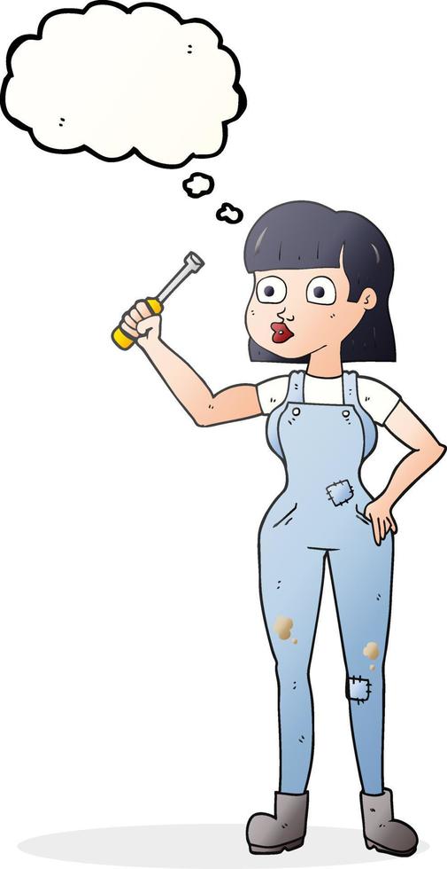 freehand drawn thought bubble cartoon female mechanic vector