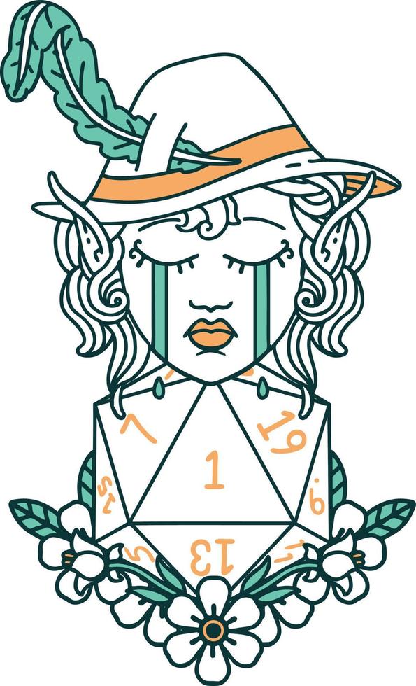 Retro Tattoo Style crying elf bard character with natural one D20 roll vector