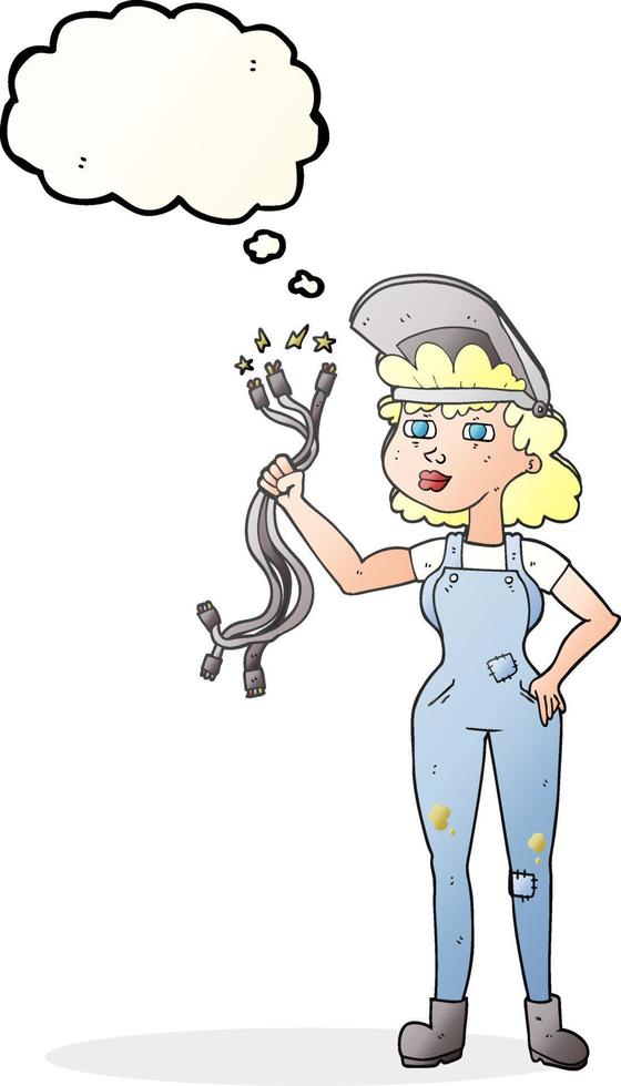 freehand drawn thought bubble cartoon electrician woman vector