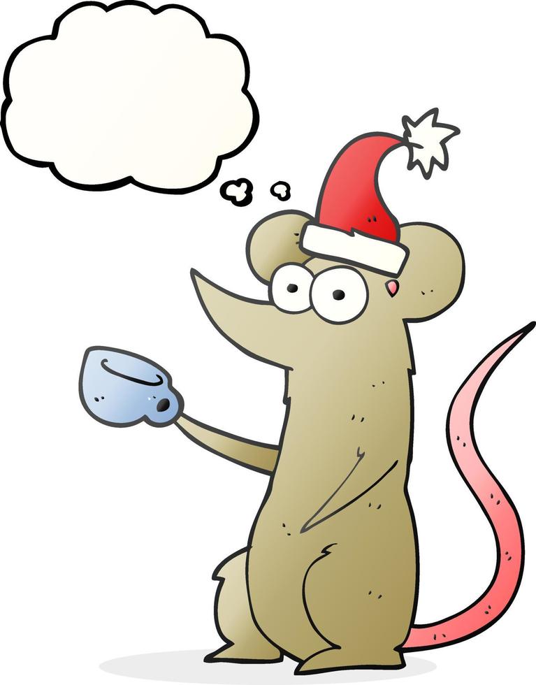 Ratón de dibujos animados de burbuja de pensamiento dibujado a mano alzada con sombrero de navidad vector