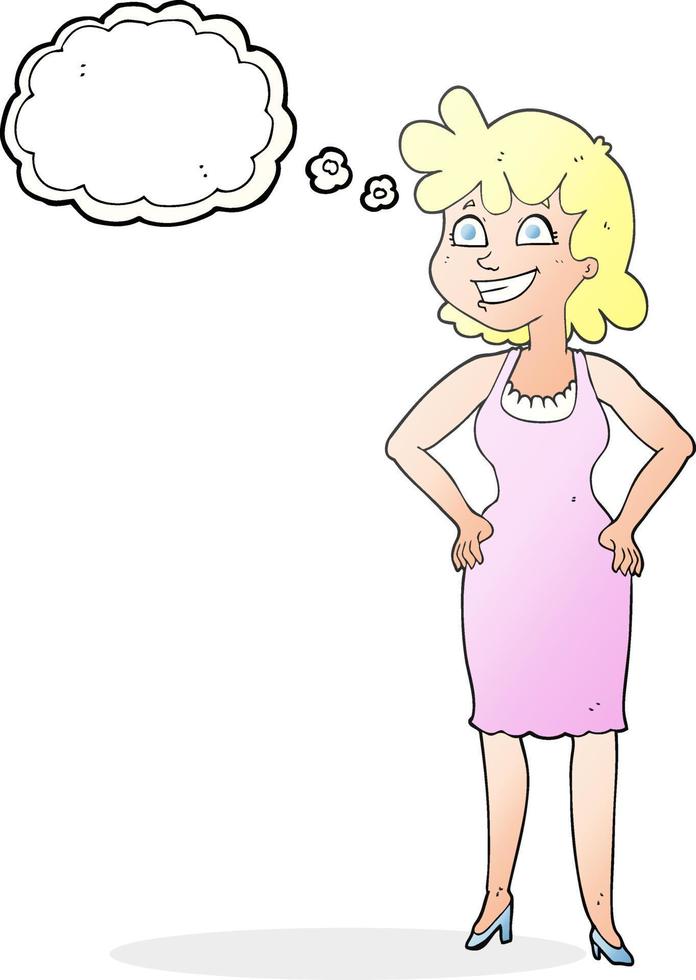 freehand drawn thought bubble cartoon happy woman wearing dress vector