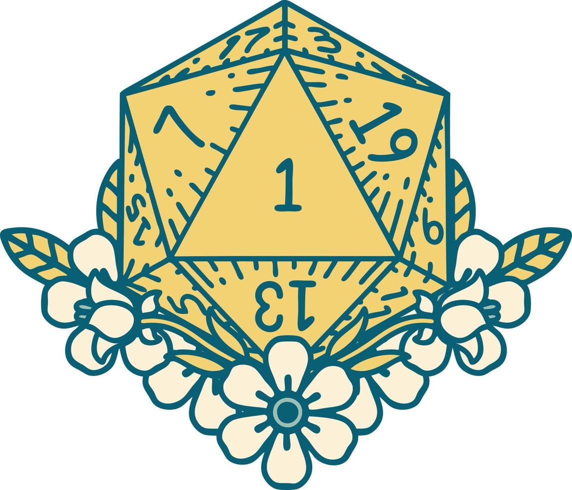 Retro Tattoo Style natural one dice roll with floral elements vector
