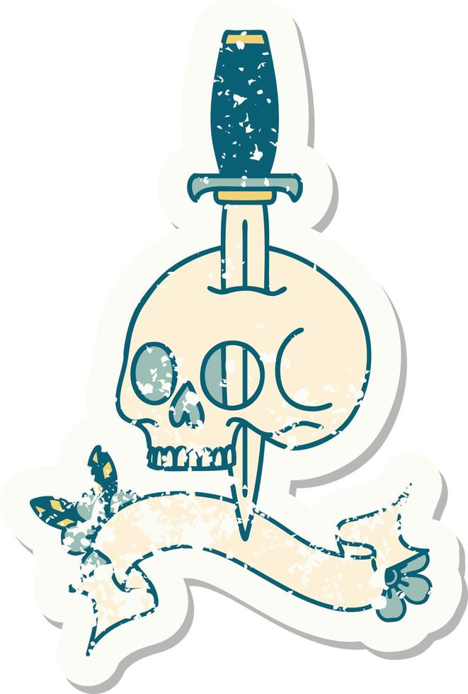 worn old sticker with banner of a skull vector