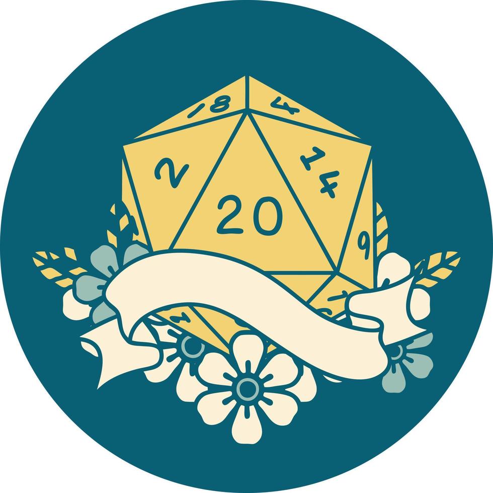 Retro Tattoo Style natural twenty D20 dice roll vector