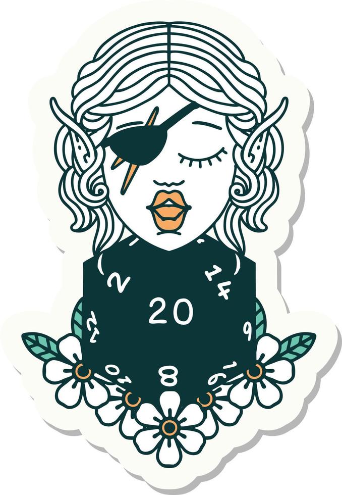 sticker of a elf rogue character with natural twenty dice roll vector