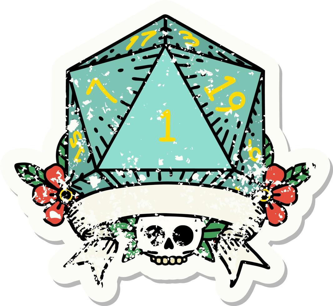 grunge sticker of a natural one d20 dice roll vector