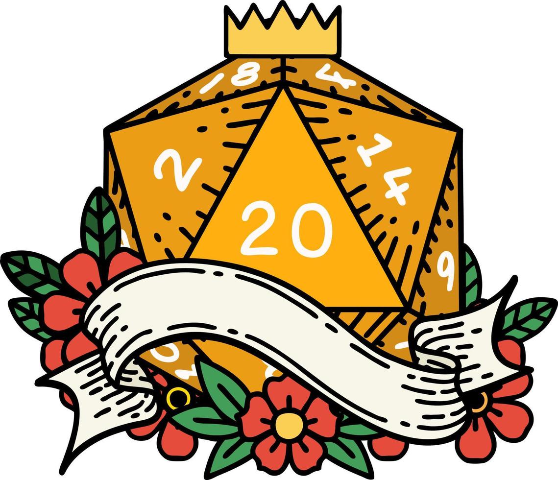 Retro Tattoo Style natural twenty D20 dice roll vector