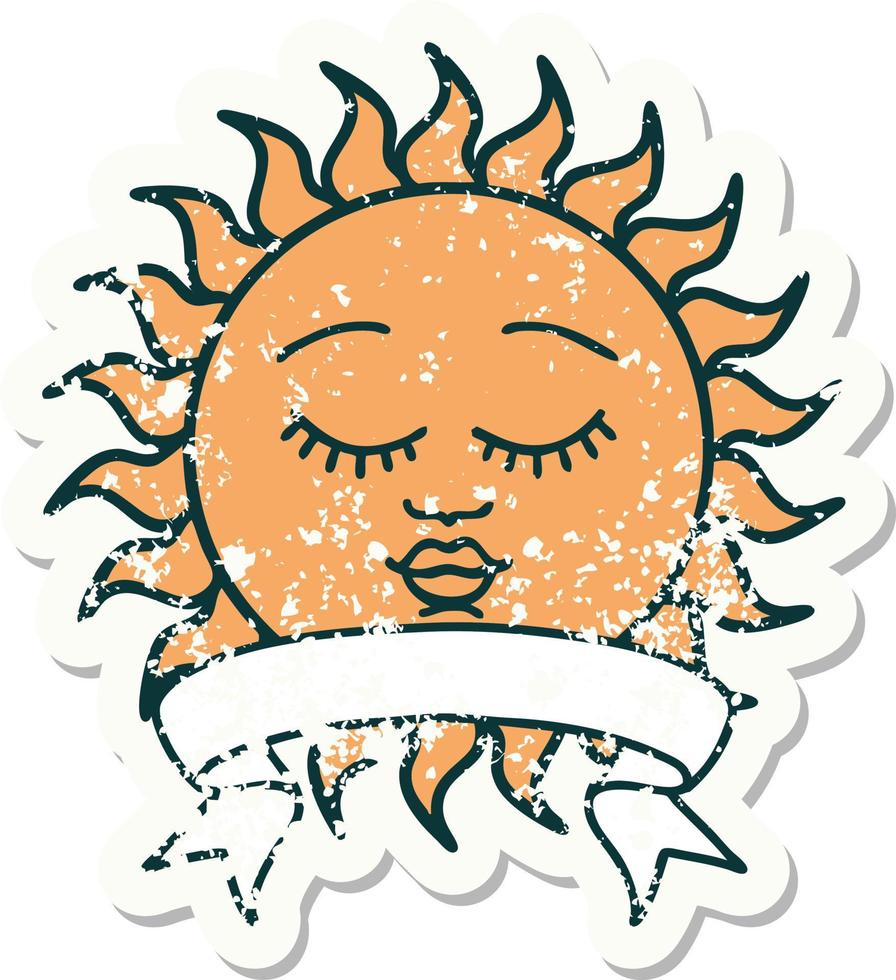 worn old sticker with banner of a sun with face vector