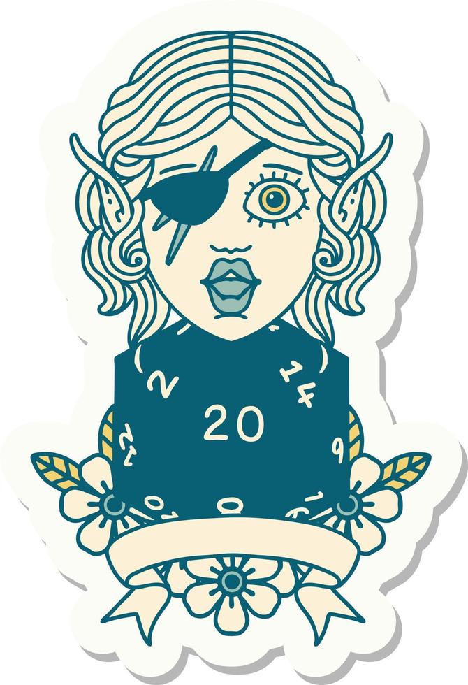 sticker of a elf rogue character with natural twenty dice roll vector