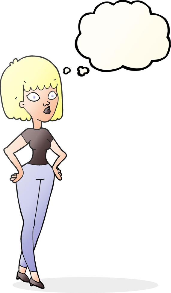 freehand drawn thought bubble cartoon woman with hands on hips vector