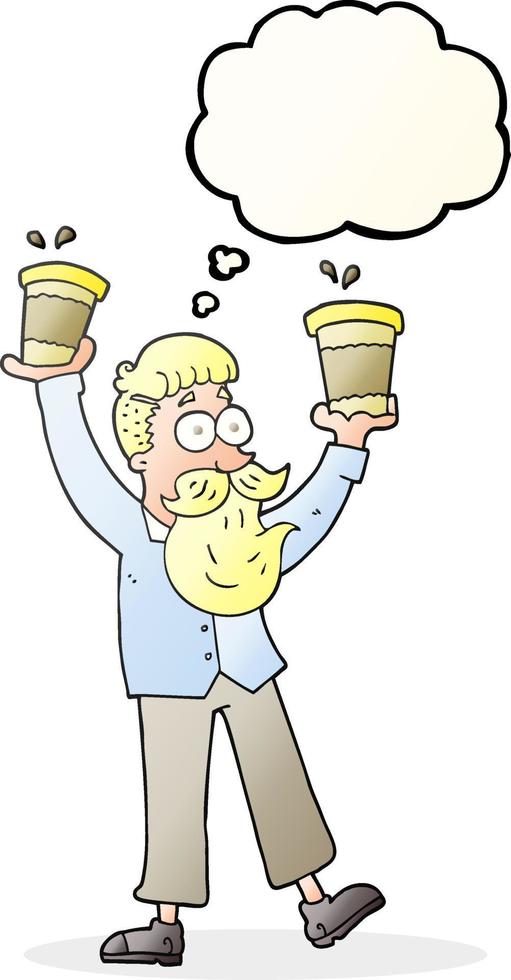 Pensamiento dibujado a mano alzada burbuja cartoon hombre con tazas de café vector