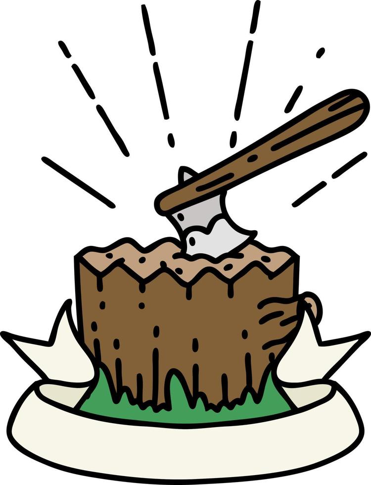 scroll banner with tattoo style axe in tree stump vector