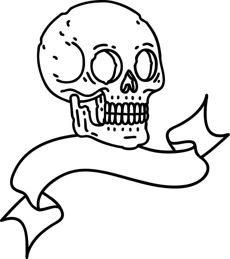 traditional black linework tattoo with banner of a skull vector