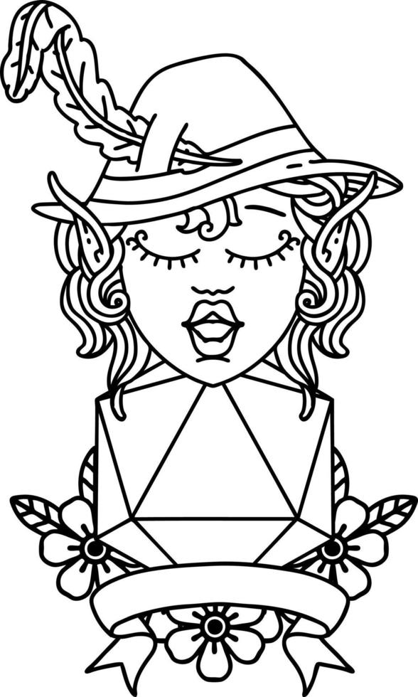 Black and White Tattoo linework Style elf bard with natural twenty dice roll vector