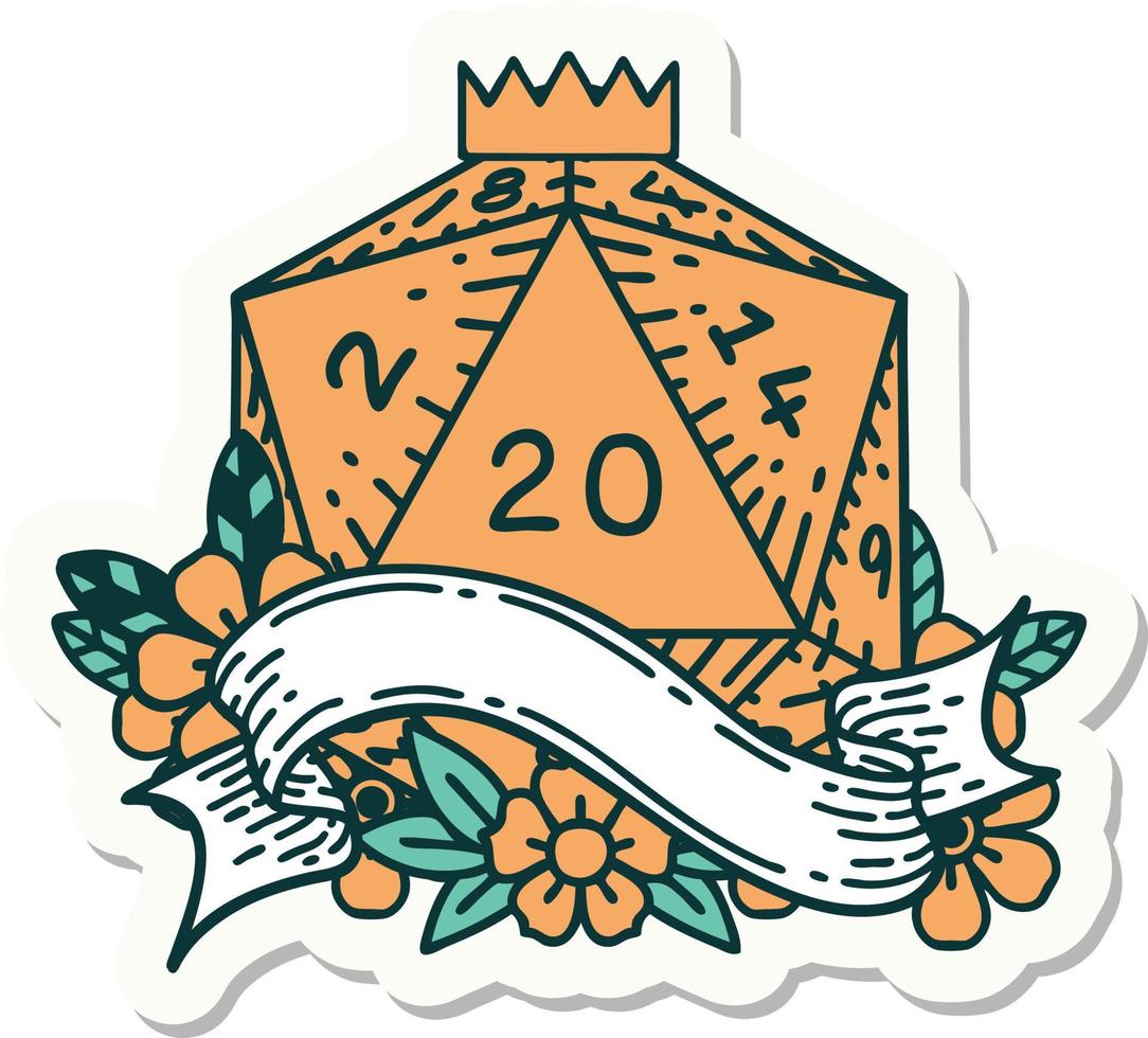 sticker of a natural twenty D20 dice roll vector