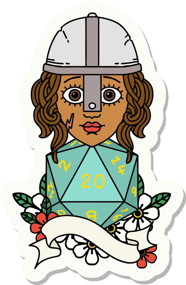 sticker of a human fighter with natural twenty dice roll vector