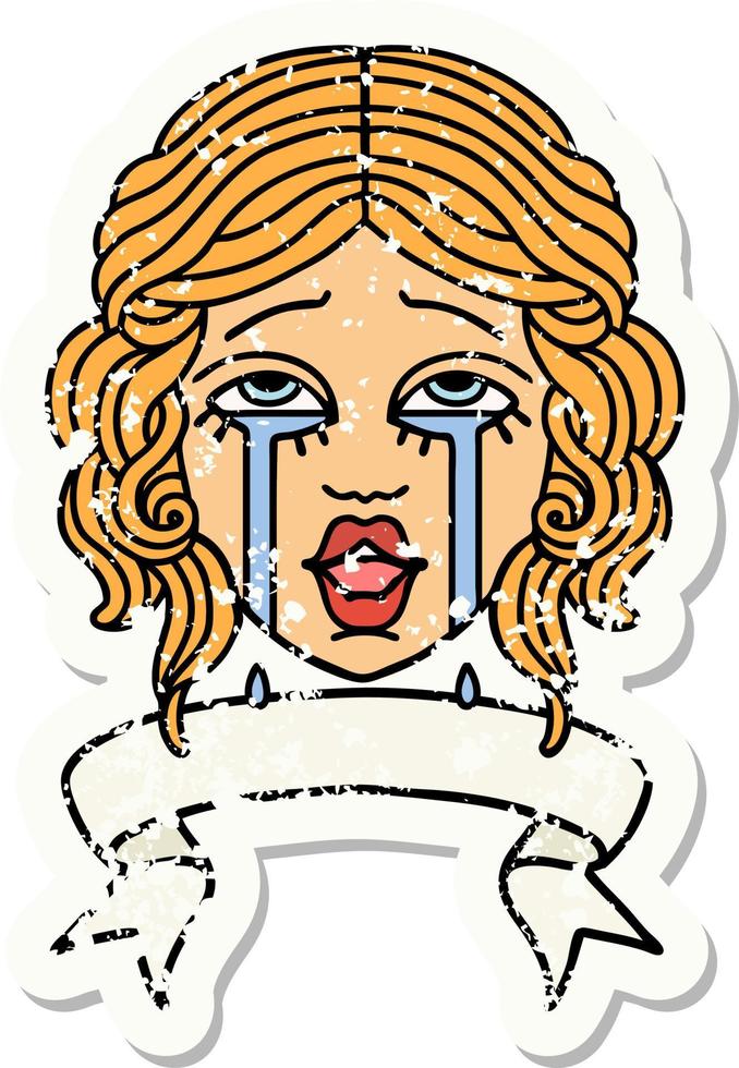 worn old sticker with banner of a very happy crying female face vector