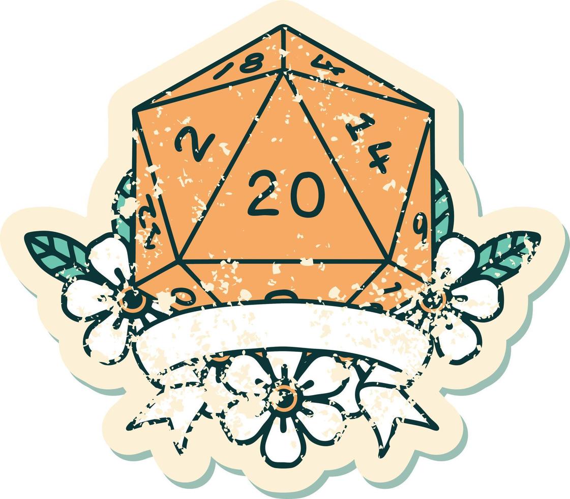 estilo de tatuaje retro natural 20 golpe crítico d20 tirada de dados vector