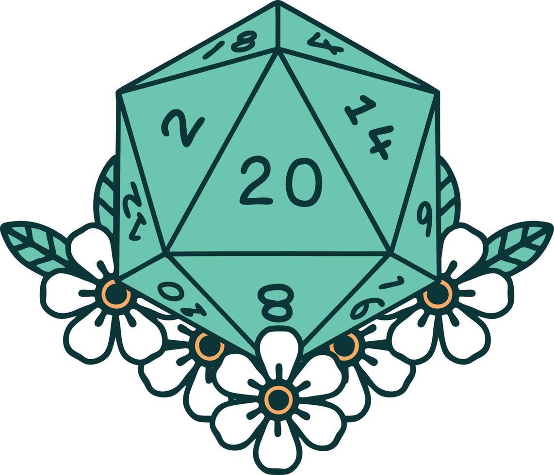 Retro Tattoo Style natural 20 D20 dice roll with floral elements vector