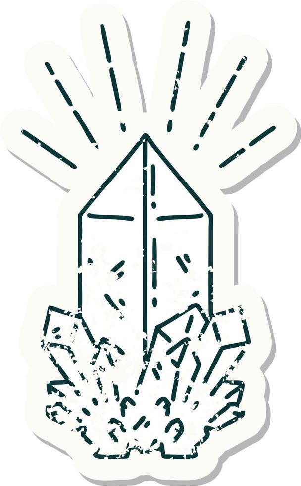 worn old sticker of a tattoo style quartz crystal vector