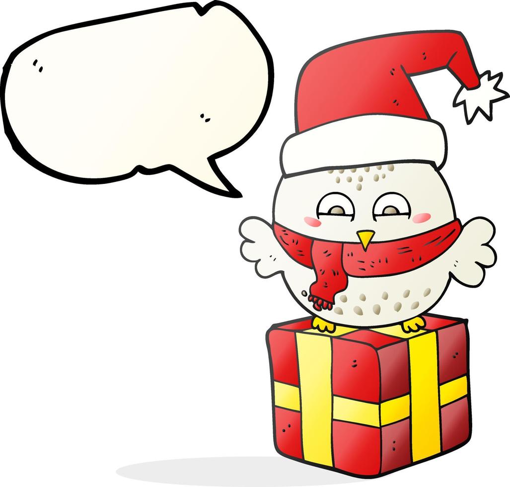 freehand drawn speech bubble cartoon cute christmas owl on wrapped present vector