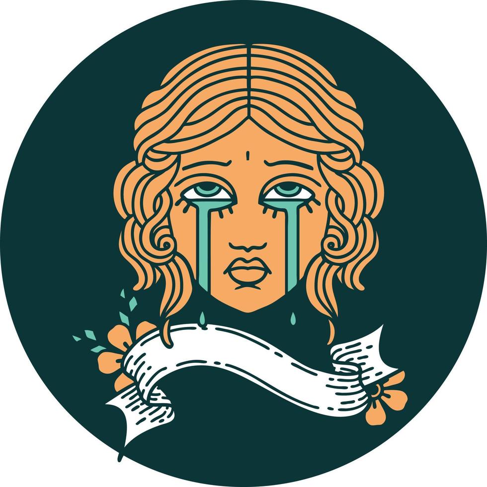 tattoo style icon with banner of female face crying vector