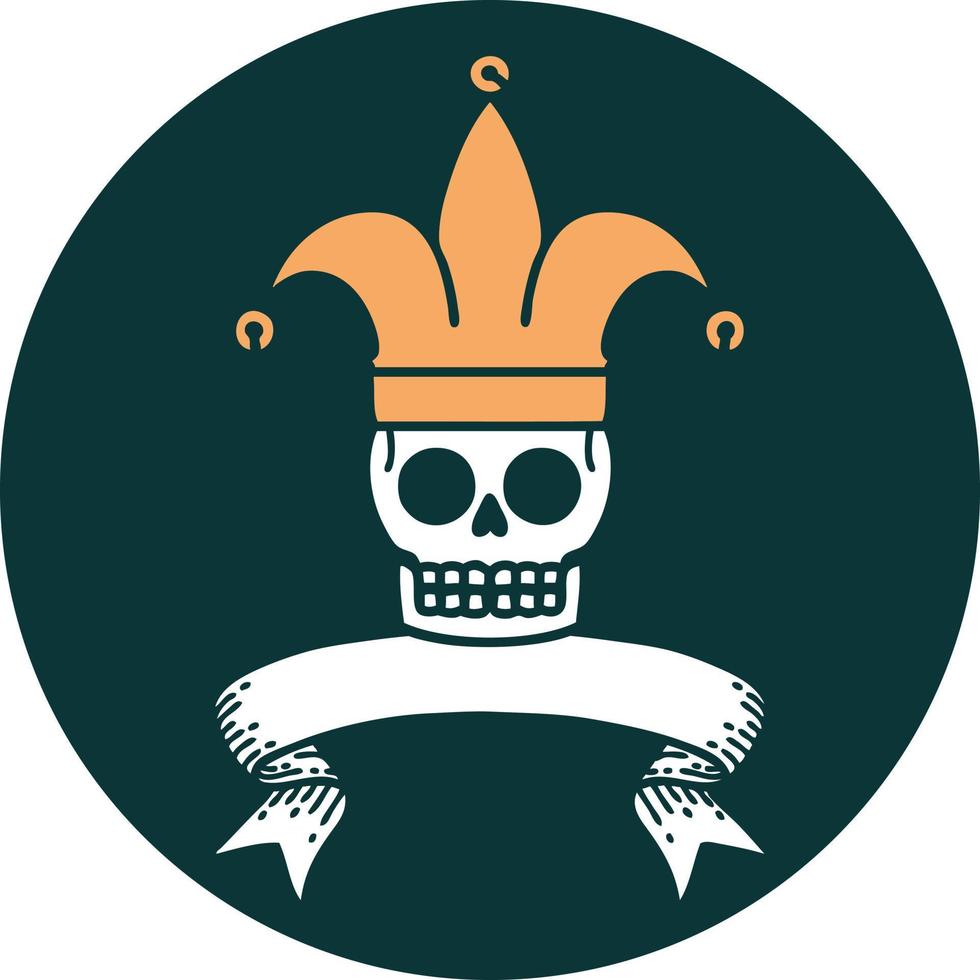 tattoo style icon with banner of a skull jester vector