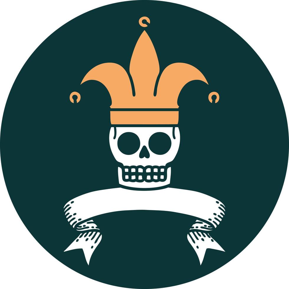 icono de estilo de tatuaje con pancarta de un bufón de calavera vector