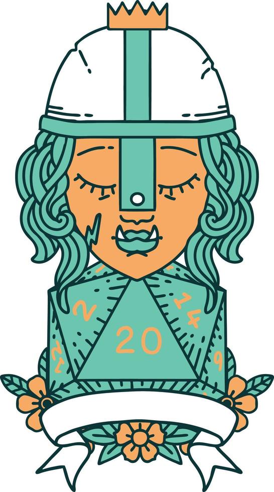 Retro Tattoo Style half orc fighter with natural twenty dice roll vector