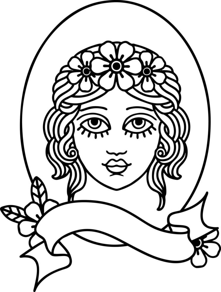 traditional black linework tattoo with banner of a maiden with flowers in her hair vector