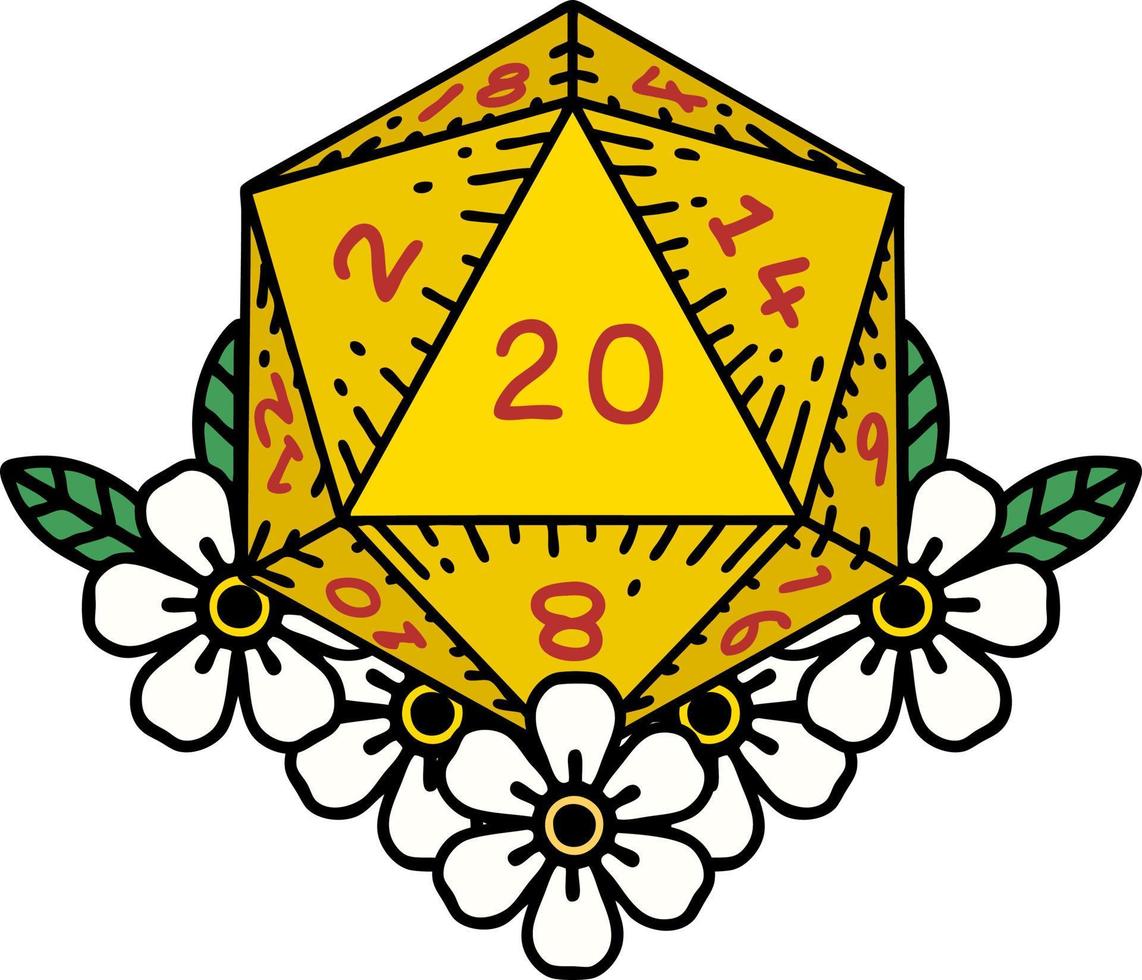 Retro Tattoo Style natural 20 D20 dice roll with floral elements vector