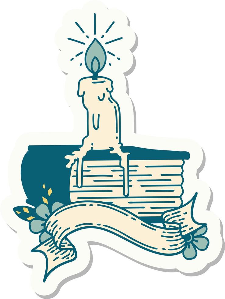 sticker of a tattoo style candle melting on book vector